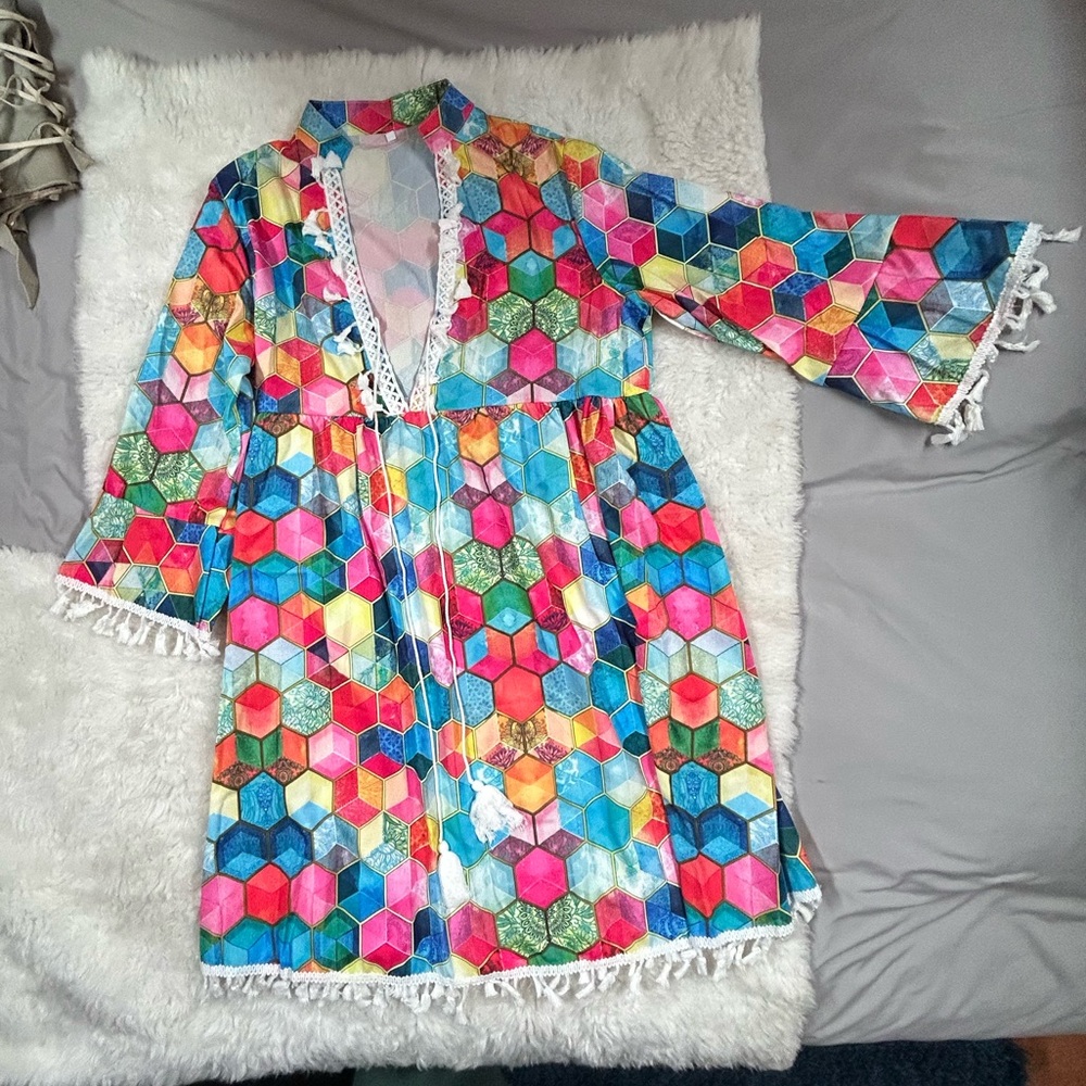 Geometric Print Tassel Bell Sleeve Dress
